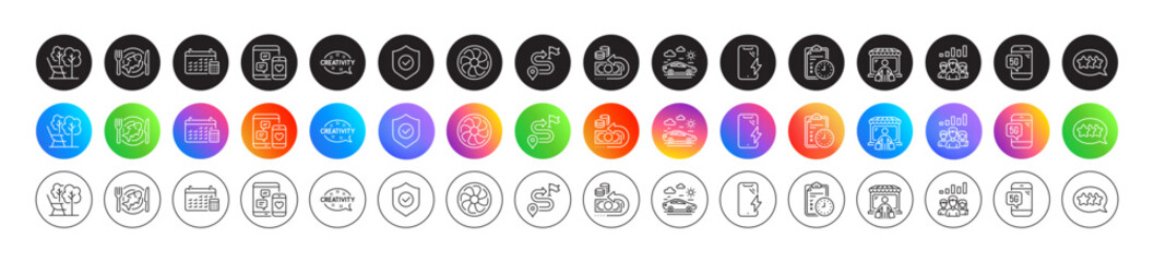 Exam time, Market buyer and Fan engine line icons. Round icon gradient buttons. Pack of Security shield, Social media, Car travel icon. Deckchair, Calendar, Cash back pictogram. Vector