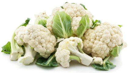   A mountain of greenish-white cauliflower resting on top of a sea of green lettuce on a pristine white background