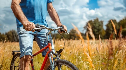 Naklejka premium A cyclist enjoys a sunny day in a golden field, surrounded by tall grass and a vibrant sky