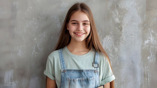 Teenage girl with long hair in denim overalls holding a book against a textured wall
