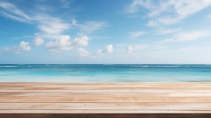 Fototapeta premium Wood table top on blur beach background