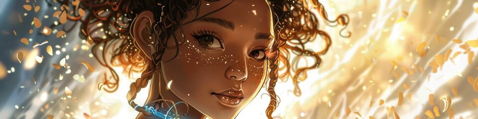 Fototapeta premium Create an anime image cover for a magical children s book featuring a young African American girl a magic mirror with textured light brown hair and light skin Use this description to design