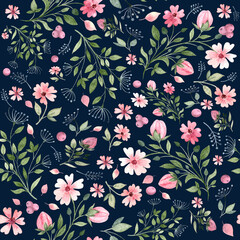 Small decorative wildflowers. Seamless pattern on blue background. Watercolor illustration in pastel colors. The drawing is hand drawn. Suitable for cards, invitations and textiles.