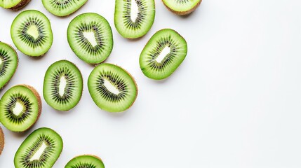   A pile of halved kiwis sits atop other whole kiwis on a white background