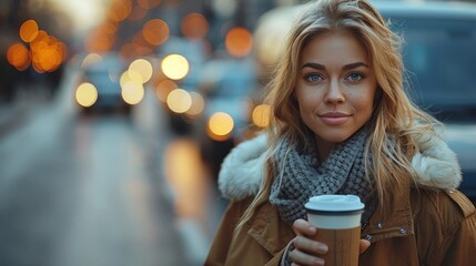 Blond Woman Enjoying a Warm Drink in the City