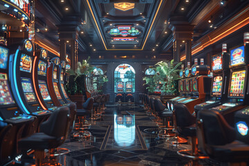 Retro-styled arcade bar with vintage gaming machines and neon lighting
