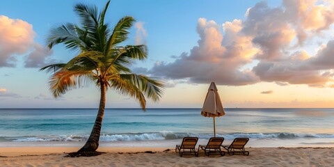 Naklejka premium Stunning beach sunset with palm trees and calm ocean