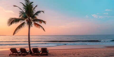 Naklejka premium Stunning beach sunset with palm trees and calm ocean