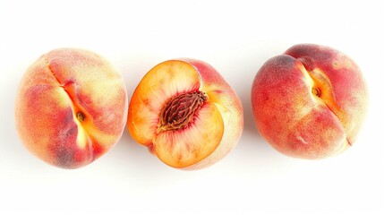   A cluster of peaches on a white table near a partially bitten fruit