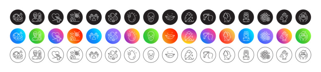 Oculist doctor, Medical mask and Coronavirus line icons. Round icon gradient buttons. Pack of Dont touch, Lips, Covid test icon. Stress, Thermometer, Clean hands pictogram. Vector