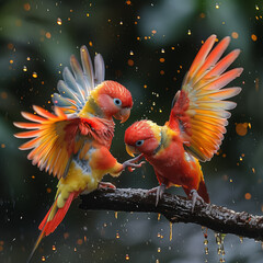Pair of colorful birds sharing a moment on a branch surrounded by foliage.
