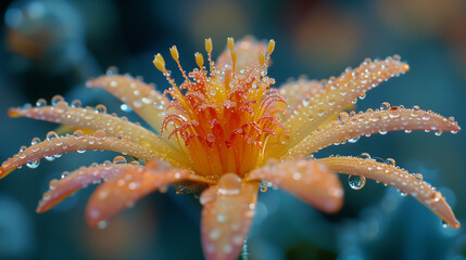 Close-up of a dewy orange flower with delicate petals glistening with water droplets against a soft, blurred background.