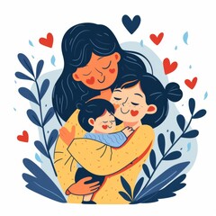 illustration, mother and child hugging, blue color theme, Mothers Day, loving, isolated on white background