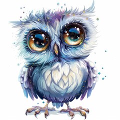 Naklejka premium Cute sparkling owl, big eyes, glittering feathers, cartoon style, isolated on white background