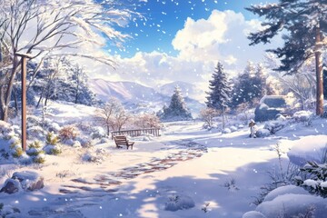 Winter's Tranquil Embrace: A High-Resolution Hand-Drawn Illustration of Nature's Peace in the Snow, Warmly Embracing the Season's Charm with Anime Style.