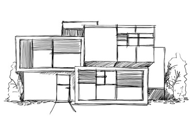 Architecture sketch of building, hand drawn architectectural sketch