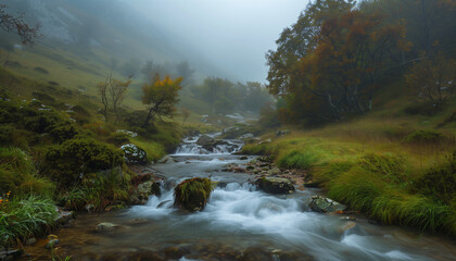 A serene mountain stream flows through lush green meadows and dense forest on a misty day, creating a tranquil and picturesque landscape.