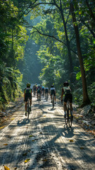 Fototapeta premium Cyclists Explore Serene Forest Trails Under Dappled Sunlight in Rural Asia