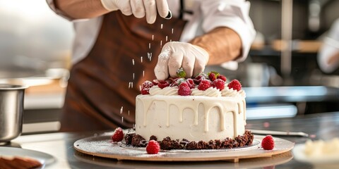 Skilled pastry chef carefully decorates a cake with precision and creativity using steady hands to bring the dessert to life