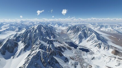 Obraz premium A stunning aerial view of snow-capped mountains against a clear blue sky in the background