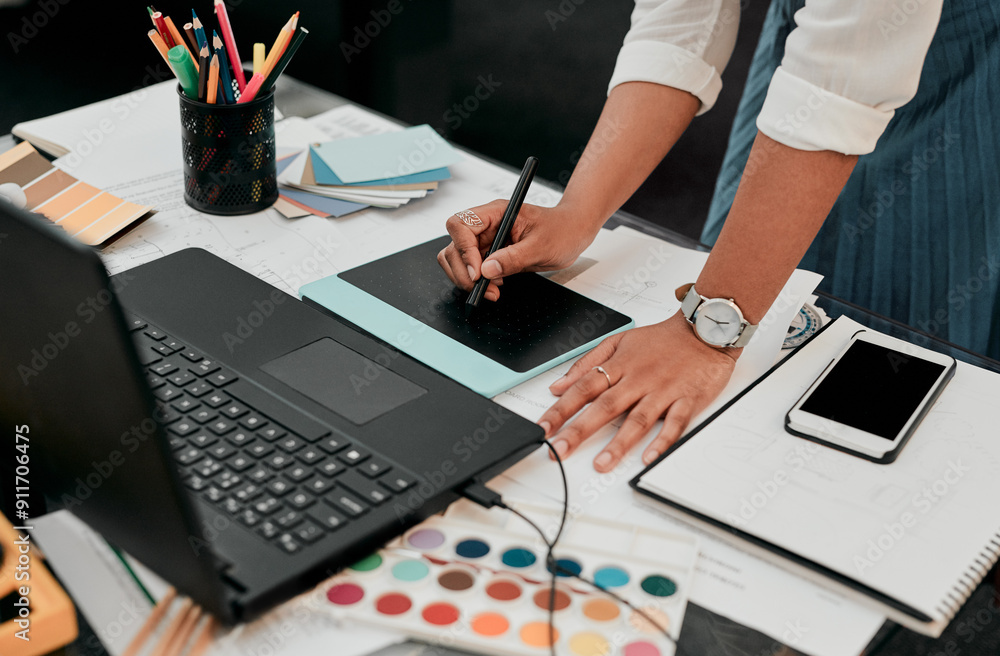 Poster architect, hands and drawing with graphic tablet, laptop and documents on desk with inspiration for 