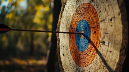 Wooden archery target with concentric circles in blue, orange, and yellow, with a red arrow in the bullseye