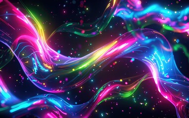 Abstract background with neon glowing lines, curves and waves. 