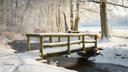 A Winter Wonderland: Rustic Bridge Over a Stream