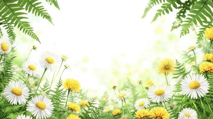 Fototapeta premium Dandelion Border. Delicate Meadow Frame with Dandelion and Daisy Flowers, Fern Leaves. Realistic Botanical Illustration for Cards and Decoration