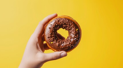 Woman hand holding fresh chocolate coated donut on a yellow background with large copy space for text, tasty sweet dessert delight bakery on yellow.