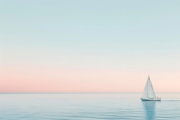 Fototapeta premium A minimalist representation of a single sailboat on a vast, calm sea, with a soft gradient sky from light blue to soft pink. Evoking solitude and serenity.