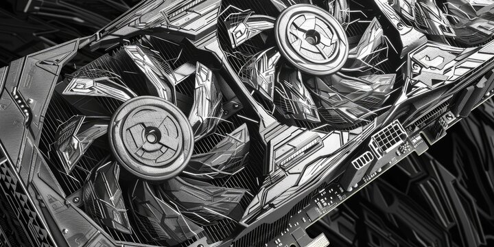 Black and silver graphics card with two fans.