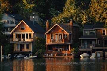 Seattle Houses. Charming Community with Houses and Flower Gardens by Union Lake at Sunset