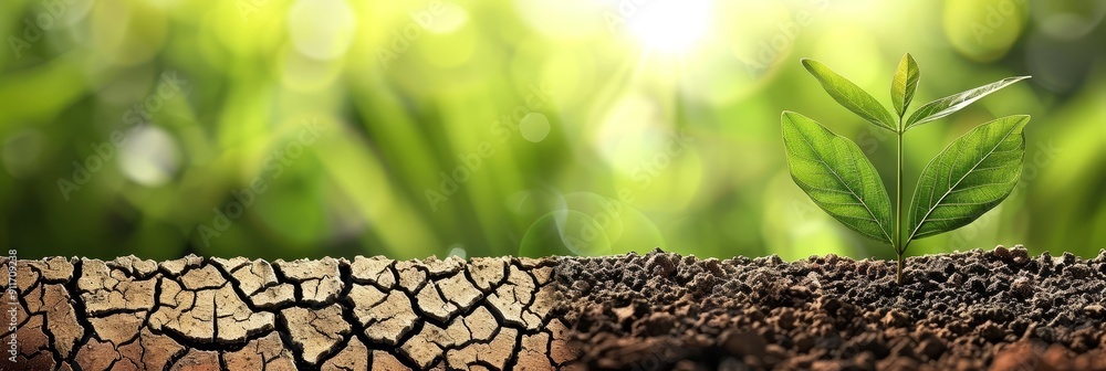 Sticker Cracked,dry earth gives way to lush,vibrant greenery and beautiful blooming flowers,showcasing the resilience and delicate balance of nature viewed from an aerial perspective.