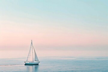 Fototapeta premium A minimalist representation of a single sailboat on a vast, calm sea, with a soft gradient sky from light blue to soft pink. Evoking solitude and serenity.
