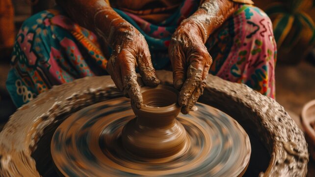 A close-up of hands expertly crafting pottery on a spinning wheel, emphasizing the artistry and skill involved
