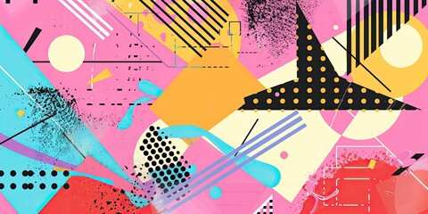 Obraz premium Abstract geometric shapes in pink, blue, yellow, and black.