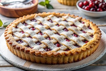 Homemade Berry Pie with fresh apples on white kitchen table, top view, flat lay. Thanksgiving traditional dessert, Thanksgiving tart preparation, autumn bakery. Crispy weather sweets. Recipe