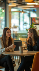 Two young women having a pleasant conversation over coffee in a modern cafe