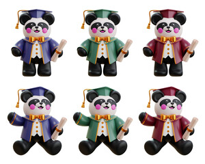 3D collection of cute panda animal with graduation robes and hat holding diploma student © Dnvrmx