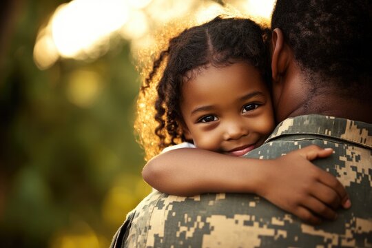 National Guard Family. Military Soldier Father Reunites with Daughter in Warm Hug After Coming Back Home