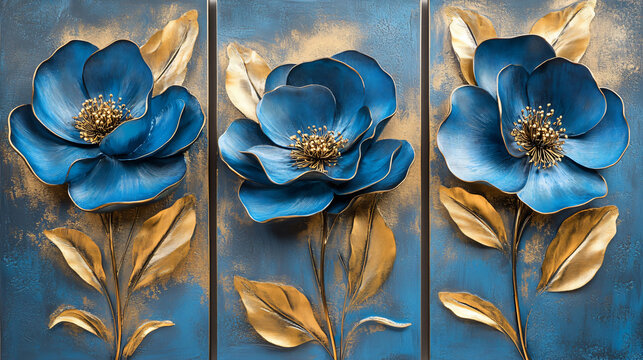 Set of three modern 3D floral wall art panels in blue and gold  - Powered by Adobe