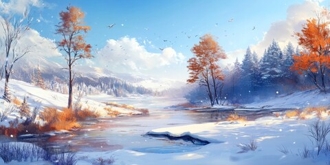 Winter's Whispers: The Tranquil Embrace of Nature in a Snowy Landscape, Capturing the Season's Enchantment with Detail and Cozy Warmth in Anime Style.