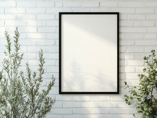 All Black Frame. Wooden Frame with Artistic Message Hanging on White Brick Wall