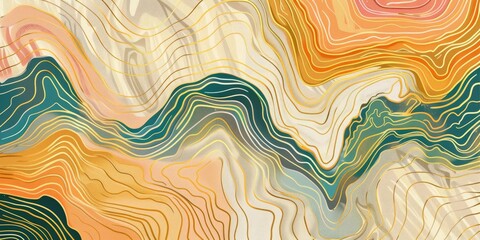 Fototapeta premium Abstract wavy lines in gold, green, and beige.