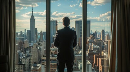 A suited man gazes out at the expansive New York City skyline during twilight