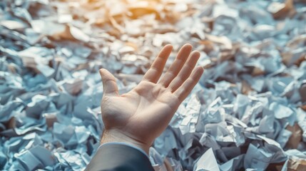 Buried In Paper. Businessman's Hand Reaches Out from Heap of Crumpled Papers for Assistance