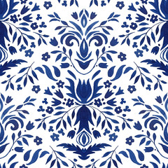 Gorgeous seamless blue flourish watercolor pattern tiles fabric design. Flowers vignette filigree background.