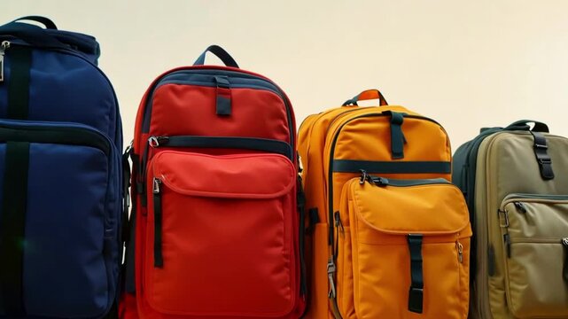 Colorful backpacks lined up in a row against a plain background