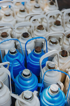 Collection of Blue and White Thermoses